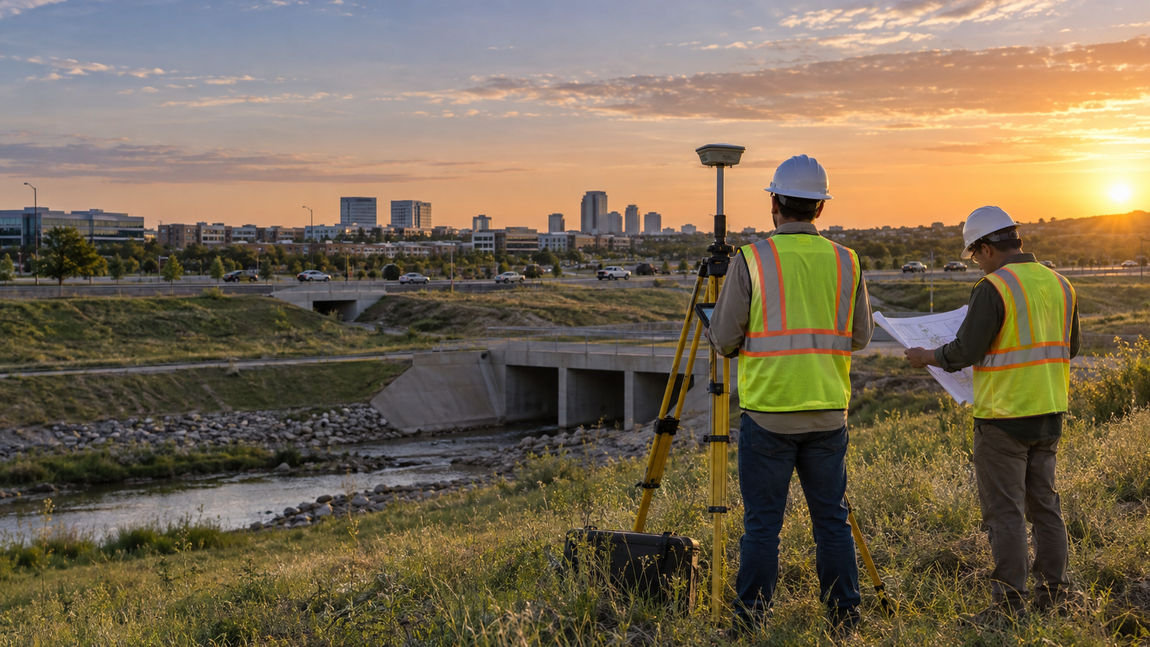 Survey crew collecting field data near drainage infrastructure in North Texas