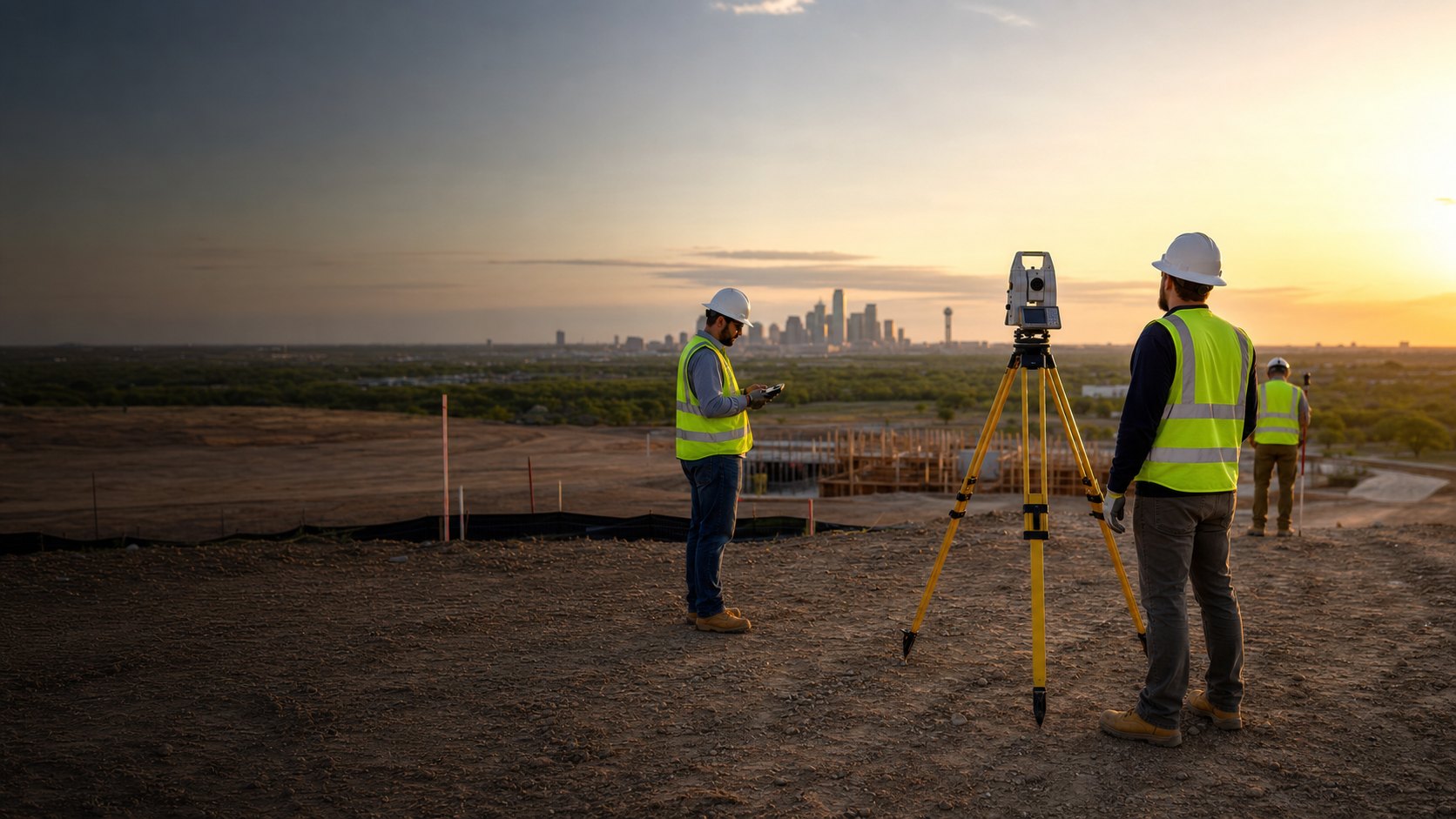 Professional survey field crew using a robotic total station at a DFW development site